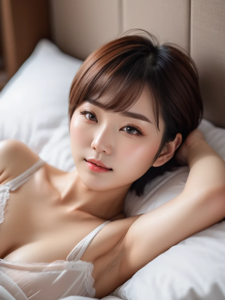 Highest quality, Face Focus, Soft Light, Ultra-high resolution, (Realistic:1.4), RAW Photos, 1 Japanese girl, 30 years old alone, cute, Beautiful face in every detail, (Small box),(High resolution detail of human skin texture), (Short Hair), indoor,In underwear, (Portraiture)、Sleeping face on the bed