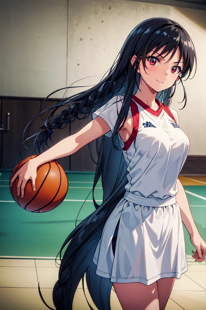 (masterpiece:1.3), (best quality:1.1), (8k, ultra detailed, ultra high res:1.2), ((anime style)), perfect 5 fingers, perfect anatomy, 
1girl,
BREAK long hair, braid, 
black hair, 
red eyes, smile, 
(medium breasts:0.9), 
basketball wear, cowboy shot, BREAK perfect light, standing, (detailed background:1.1), inside, indoors, Gymnasium, basketball, (Basketball court:1.2), 