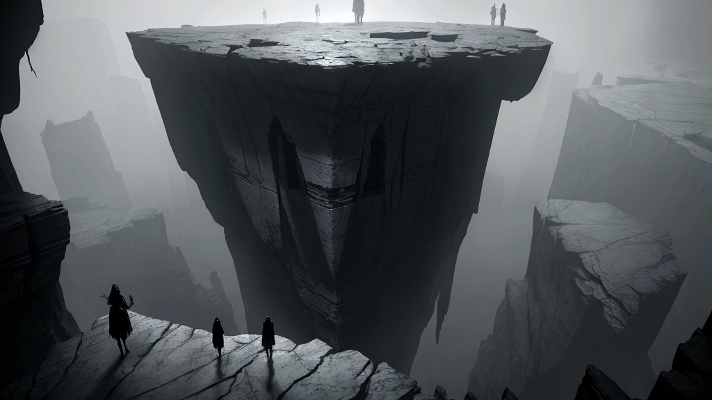 "A somber and chilling depiction of a desolate landscape, shrouded in perpetual darkness. In the foreground, a deep and impassable chasm stretches across the scene, symbolizing the eternal separation from God. On one side of the chasm, figures clad in shadowy garments stand in despair, their faces contorted in anguish and regret. The atmosphere is heavy with an oppressive silence, broken only by distant echoes of cries and lamentations. The opposite side of the chasm is bathed in a faint, cold light, contrasting starkly with the darkness that engulfs the damned souls."