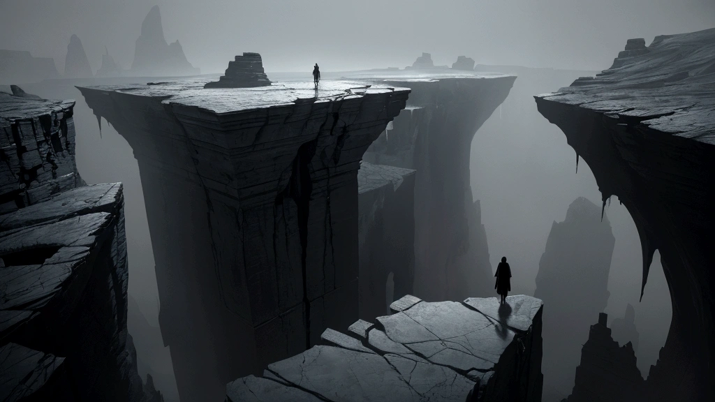 "A somber and chilling depiction of a desolate landscape, shrouded in perpetual darkness. In the foreground, a deep and impassable chasm stretches across the scene, symbolizing the eternal separation from God. On one side of the chasm, figures clad in shadowy garments stand in despair, their faces contorted in anguish and regret. The atmosphere is heavy with an oppressive silence, broken only by distant echoes of cries and lamentations. The opposite side of the chasm is bathed in a faint, cold light, contrasting starkly with the darkness that engulfs the damned souls."