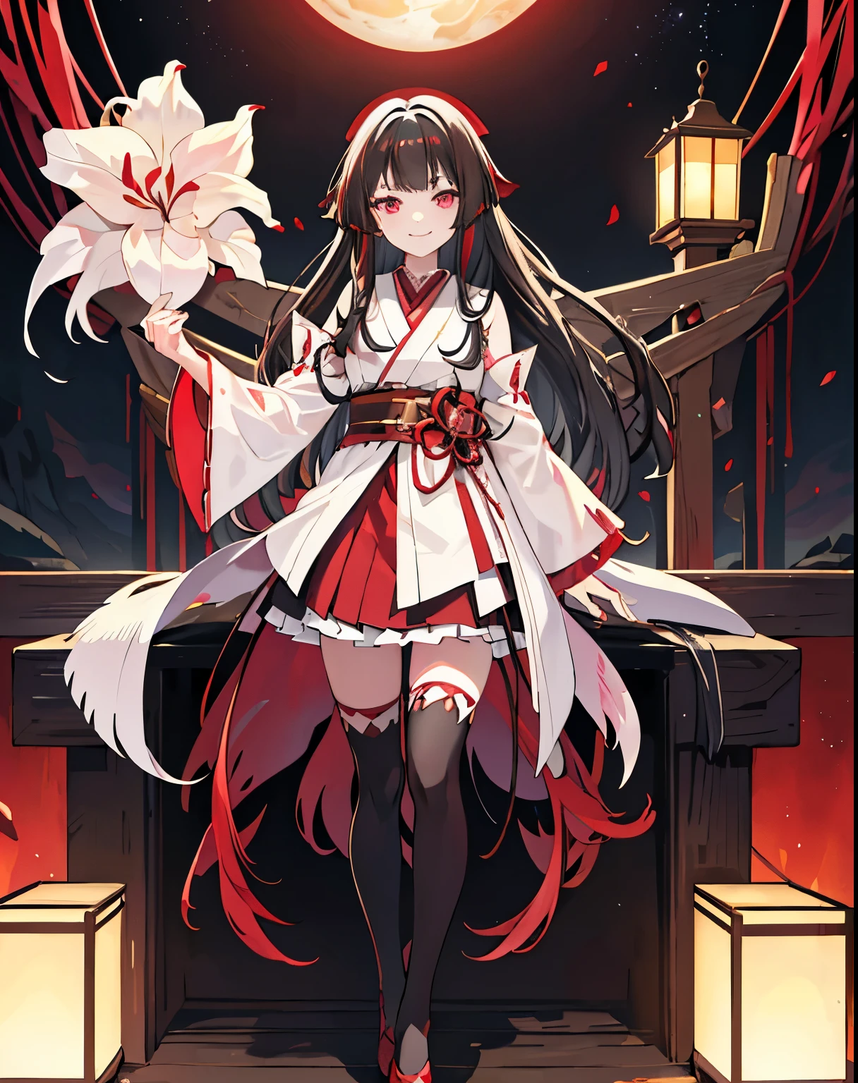 [(Detailed Background:1.4)::5],original,(figure:1.1),(Highest quality),(Tabletop:1.1),(Highly detailed CG 8k wallpaper:1.1), (colorful:0.9),(Mid Shot:0.95),(very detailed beautiful whole body),Ear covering accessories、Standing in the Wilderness, (girl),(((Adult))), (Beautiful eyes in every detail:1.15), (Beautiful Face:1.15), (Glowing red eyes:1.25////),(Black Hair),Pale skin，Pink Eyes，Red Bow，Amaryllis，((Wicked Smile))，Crystal Earrings，raven feather skirt,whole body,Wearing shrine maiden clothes and knee socks,((Long black hair)),Long black hair,