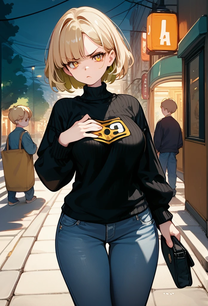 young girl, young face, hot face, golden eyes, short hair, blonde hair, annoyed expression, irritated face, mature body, curvy body, big breasts, black sweater, jeans, sidewalk, (night), puffing up chest