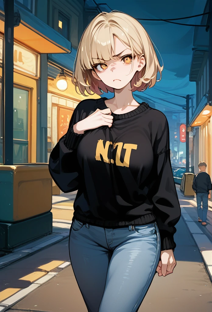 young girl, young face, hot face, golden eyes, short hair, blonde hair, annoyed expression, irritated face, mature body, curvy body, big breasts, black sweater, jeans, sidewalk, (night), puffing up chest