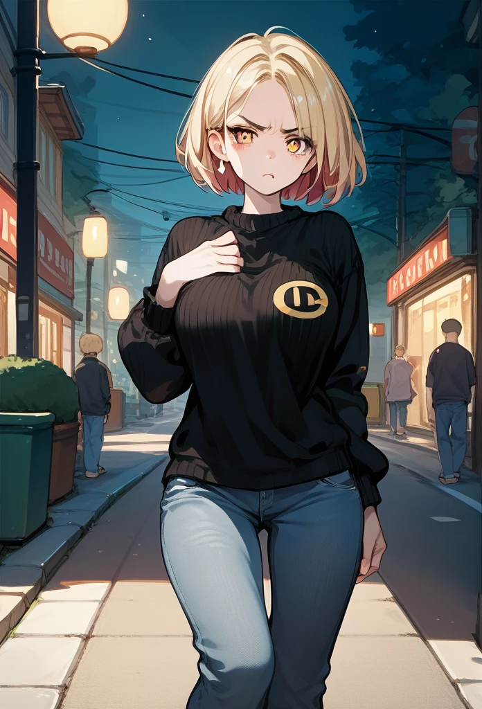 young girl, young face, hot face, golden eyes, short hair, blonde hair, annoyed expression, irritated face, mature body, curvy body, big breasts, black sweater, jeans, sidewalk, (night), puffing up chest