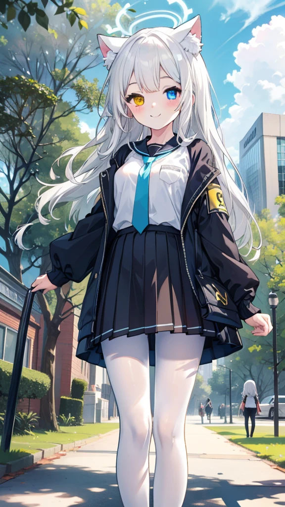 White hair，Long hair，Cat ear，Heterochromia（Blue on the left and yellow on the right），Campus clothing，White pantyhose，**** body type，Smile，Halo，in the park