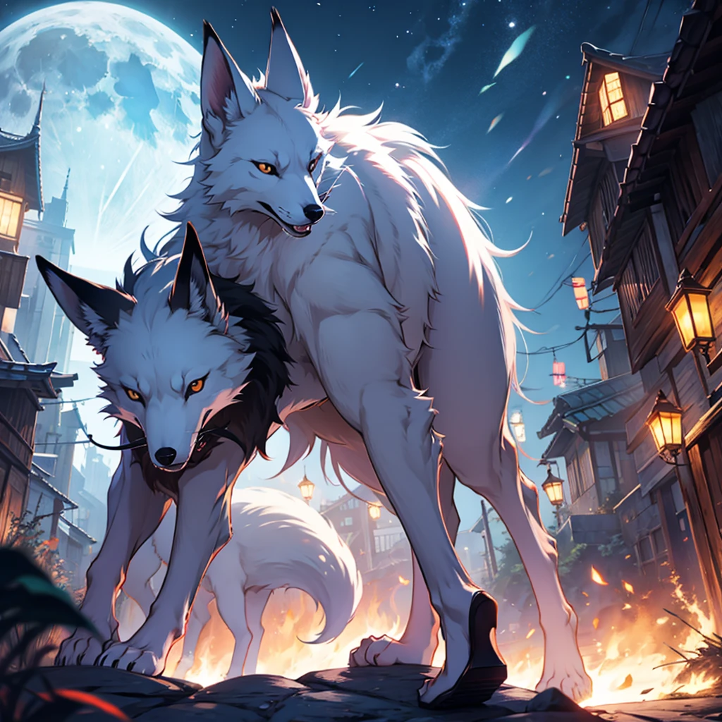 Moonlit night, A white fox with nine tails runs, Active fox behavior, angry fox