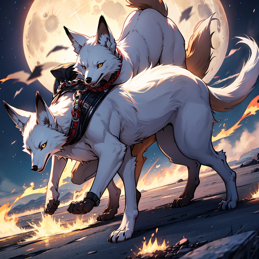Moonlit night, A white fox with nine tails runs, Active fox behavior, angry fox