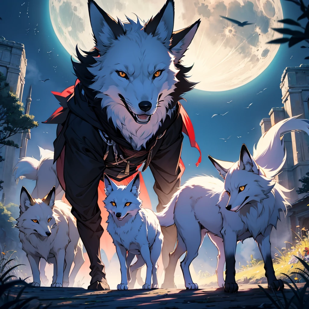 Moonlit night, A white fox with nine tails runs, Active fox behavior, angry fox