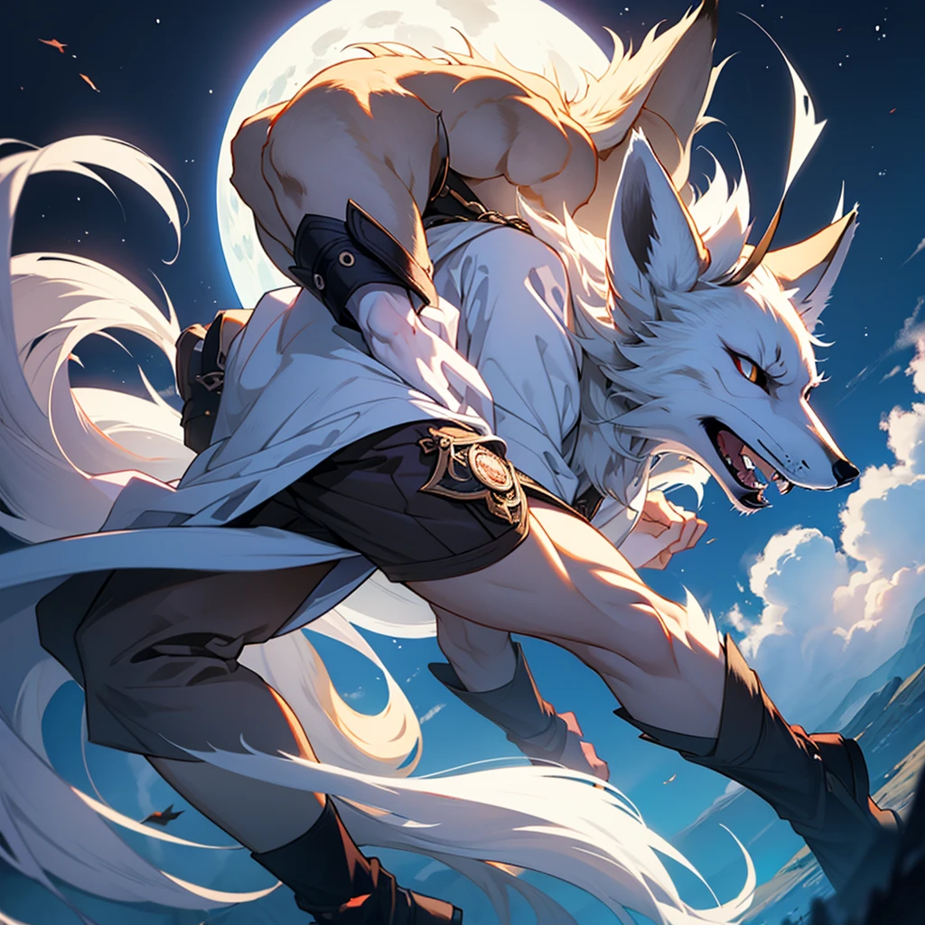 Moonlit night, A white fox with nine tails runs, Active fox behavior, angry fox