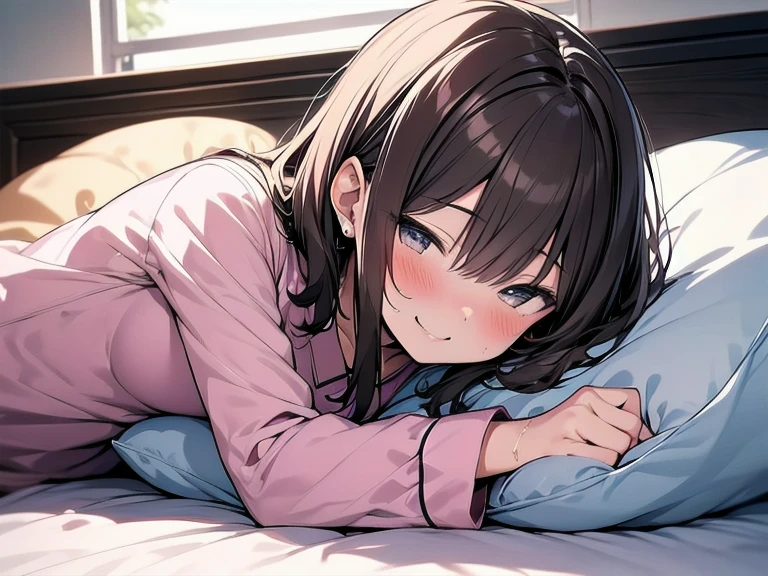 Highest quality, masterpiece, Ultra-high resolution, 8K,Show anime style , Soft line drawing, Digital Enhancement, shojo anime touch, shojo manga core, Flowing fabric, close, Soft Drawing, Ultra High Definition Digital Anime Art, Clear facial depiction, Highly detailed girl manga character art, Ultra-detailed manga style, Highest qualityの色,((( 1Women))),(Woman with short brown hair), Wet Hair,Beautiful brown hair, Clear brown eyes, Slightly chubby,Small breasts,pajamas,((She is sleeping in bed under the covers.)),I sleep in bed with her, Watching her,Peaceful sleeping face,She wakes up,私 call out good morning,She lay face down on the futon.,She rested her cheek on the pillow and turned to face me.,((She smiled with a beautiful smile)),blush,(Focus on the face)