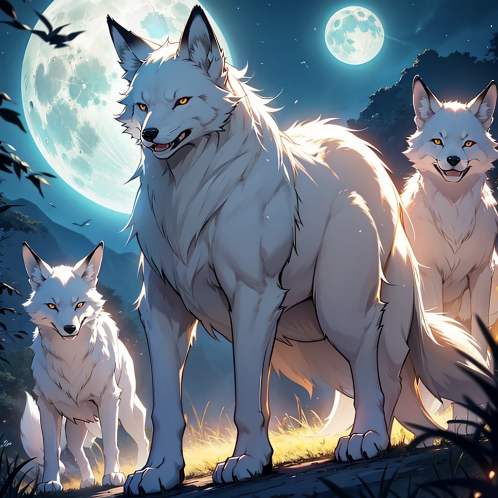 Moonlit night, A white fox with nine tails runs, Active fox behavior, angry fox