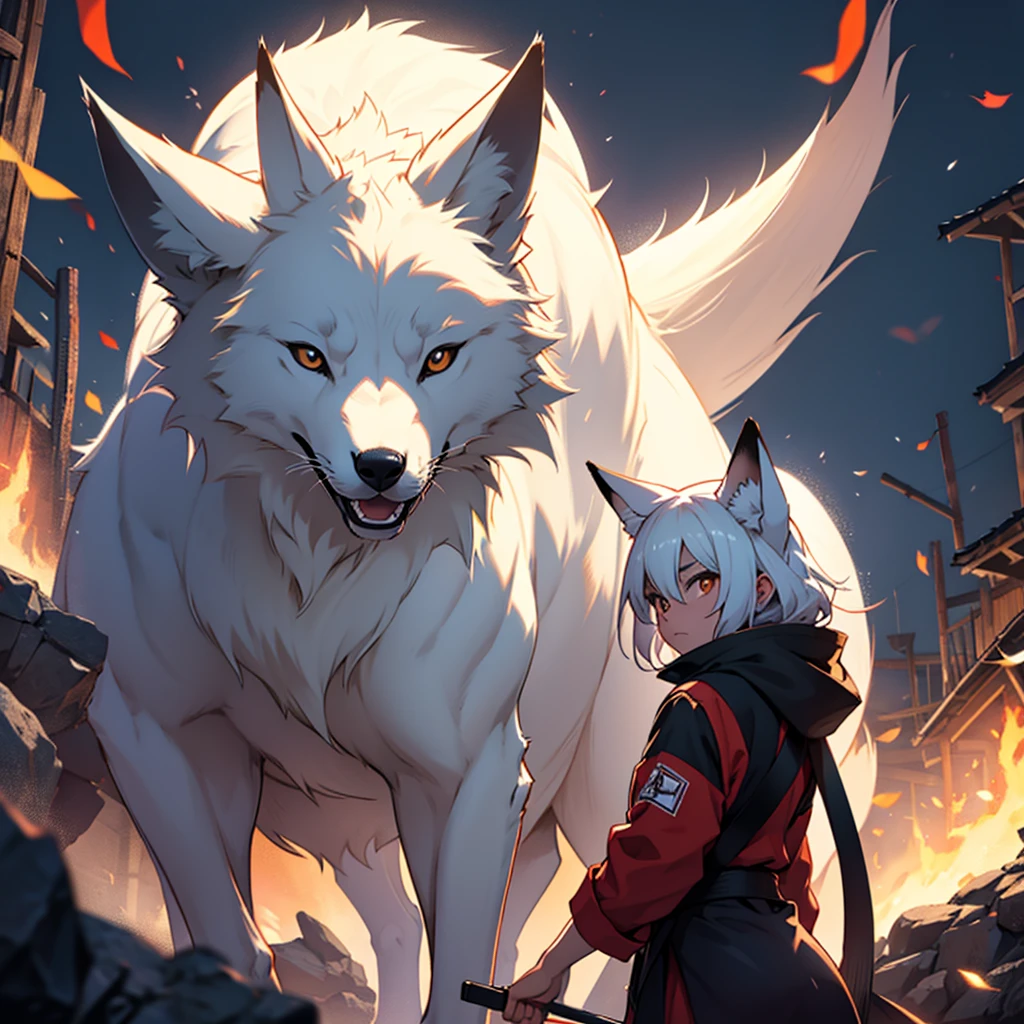 Moonlit night, A white fox with nine tails runs, Active fox behavior, angry fox