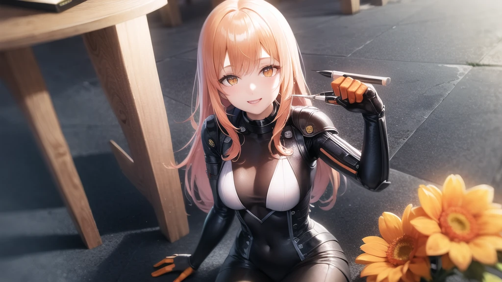 (masterpiece:1,2), Highest quality, High resolution, original, Highly detailed wallpaper, View your viewers, (Sitting:1.4), A robot girl stands in the center, (Orange Flower:1.4), 1humanoid cyborg girl, Happy, smile, (Mechanical Hand:1.05), [[cyborg]], Metal mixture, drawing, paintbrush, (Shine_eye:0.95), (Do not sleeve), Silver Long_hair, hair_between_eye, Sigma 135mm Lens, (Cowboy Shot:1.2), Upper Body, Perfect lighting, (Highly detailed CG:1.2), 8K, (Commemorative photo:1.4)
