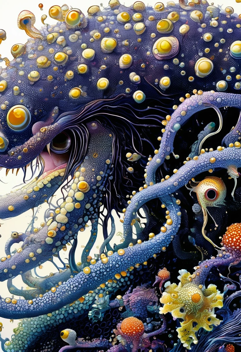 密集Pointillism method。Smooth lines。Illustration by Daniel Merriam,Strange illustration。Pointillism method。Trypophobia。Long tentacles。Strong contrast。Award-winning works。Dark background。