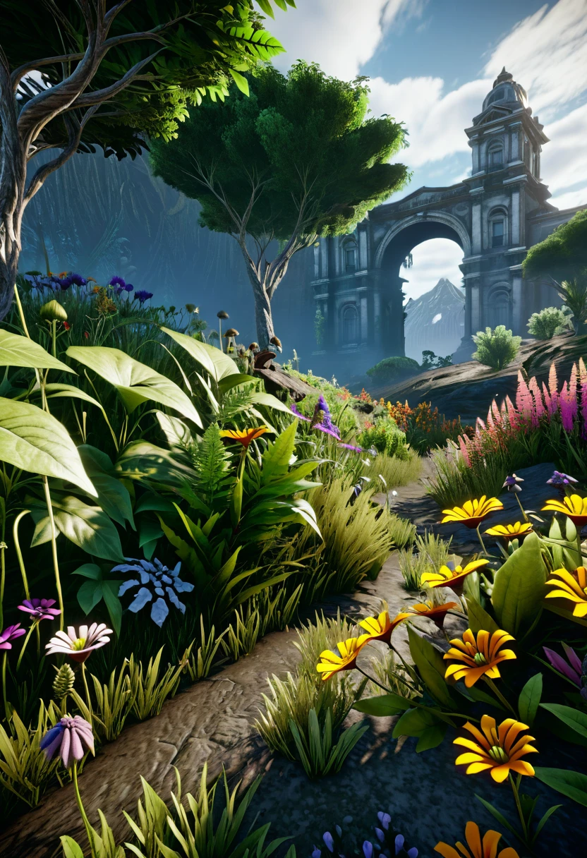 wildflowers, 8k, hyper detailed, Jurassic, darksiders