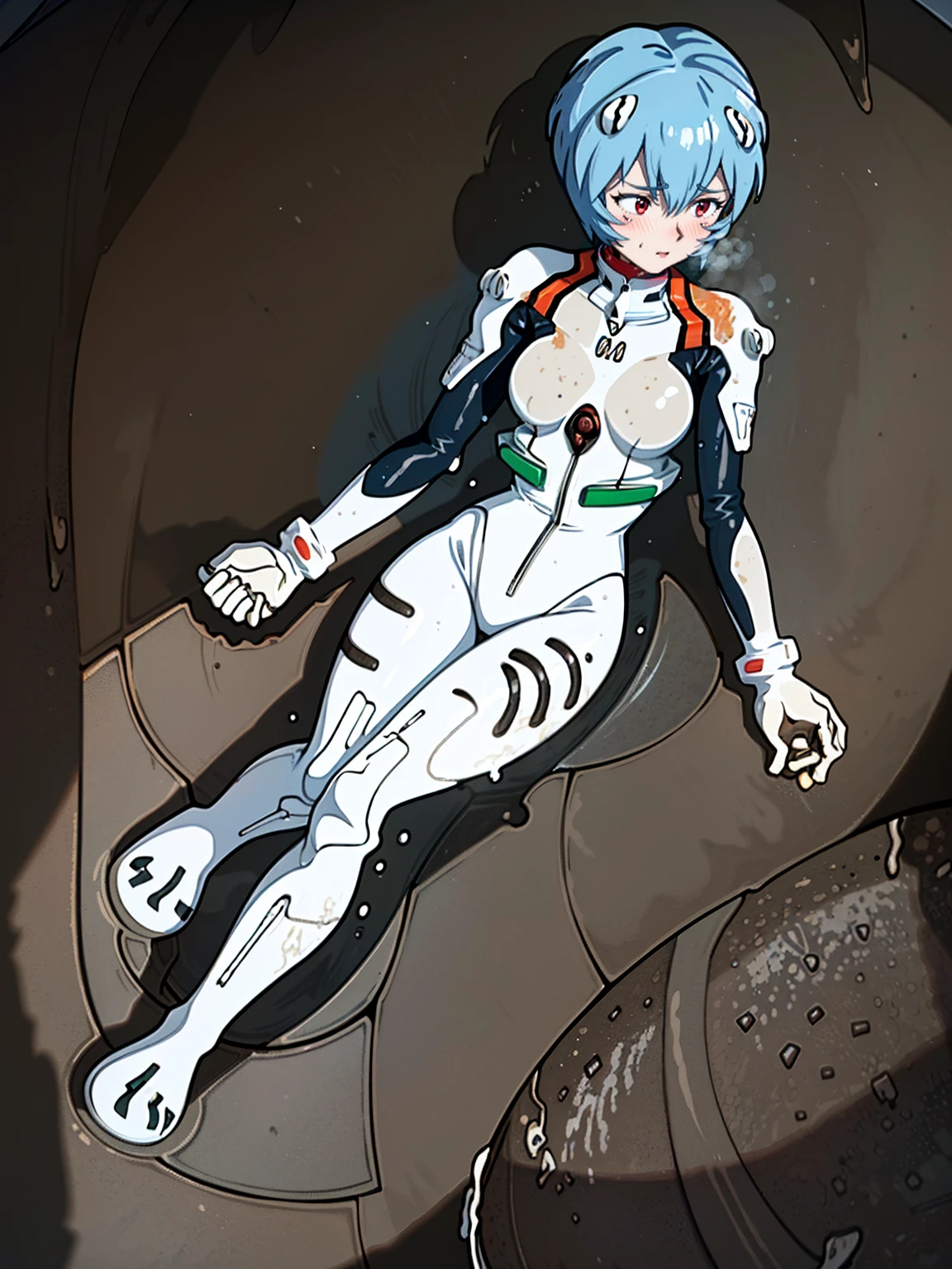 ((Highest quality, 8k wallpaper)),(masterpiece, Highest quality),Very detailed,High resolution,(Official Art:1.3),(((Anime screenshots,Black outline))),One girl,alone, Break mer1,(Rei Ayanami {Neon Genesis Evangelion,}1.2),masterpiece, best quality, outdoor, 1girl, Solo,red eyes,short hair,blue hair, (White plug suit:1.4), skin tight,(backlight, shaded face, cross-eyed, rolling eyes, empty eyes, jitome, raised eyebrows, one eye closed:1.3),(((Covered in sweat, Mass sweat, Sweating profusely,steam:1.7))), (((fighting stance, holding own arm, bent legs:1.8))), (Dirty Costume with mud:1.5),(((独奏, cowboy shot:1.3))), (blue-sky, Bottomless Swamp, dense woods, water lands:1.4),(((Drowning in a mud swamp,partially submerged:1.6))),