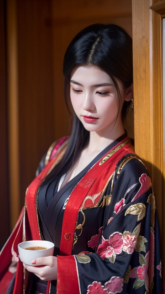 　A beautiful 15-year-old Japanese princess from the Sengoku period with long black hair　Gorgeous embroidery, Ultra glossy, She is wearing a shiny Edo-period princess kimono.　She takes out her nipples and squeezes out the milk