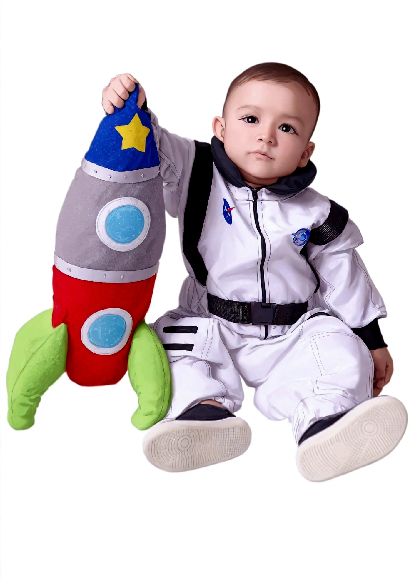 arafed baby in a traje espacial holding a stuffed toy, wearing Astronauta outfit, em uma roupa de cadete espacial, Astronauta suit, traje espacial, fully traje espacialed, Traje espacial, wearing a traje espacial, traje de alta qualidade, with a traje espacial on, small Astronauta looking up, in Traje espacial, wears tiny Traje espacial, tema espacial, Traje pressurizado espacial, Astronauta