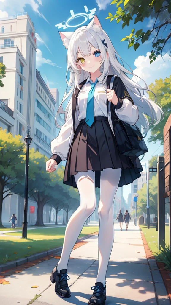 White hair，Long hair，Cat ear，Heterochromia（Blue on the left and yellow on the right），Campus clothing，White pantyhose，Loli body type，Smile，Halo，in the park