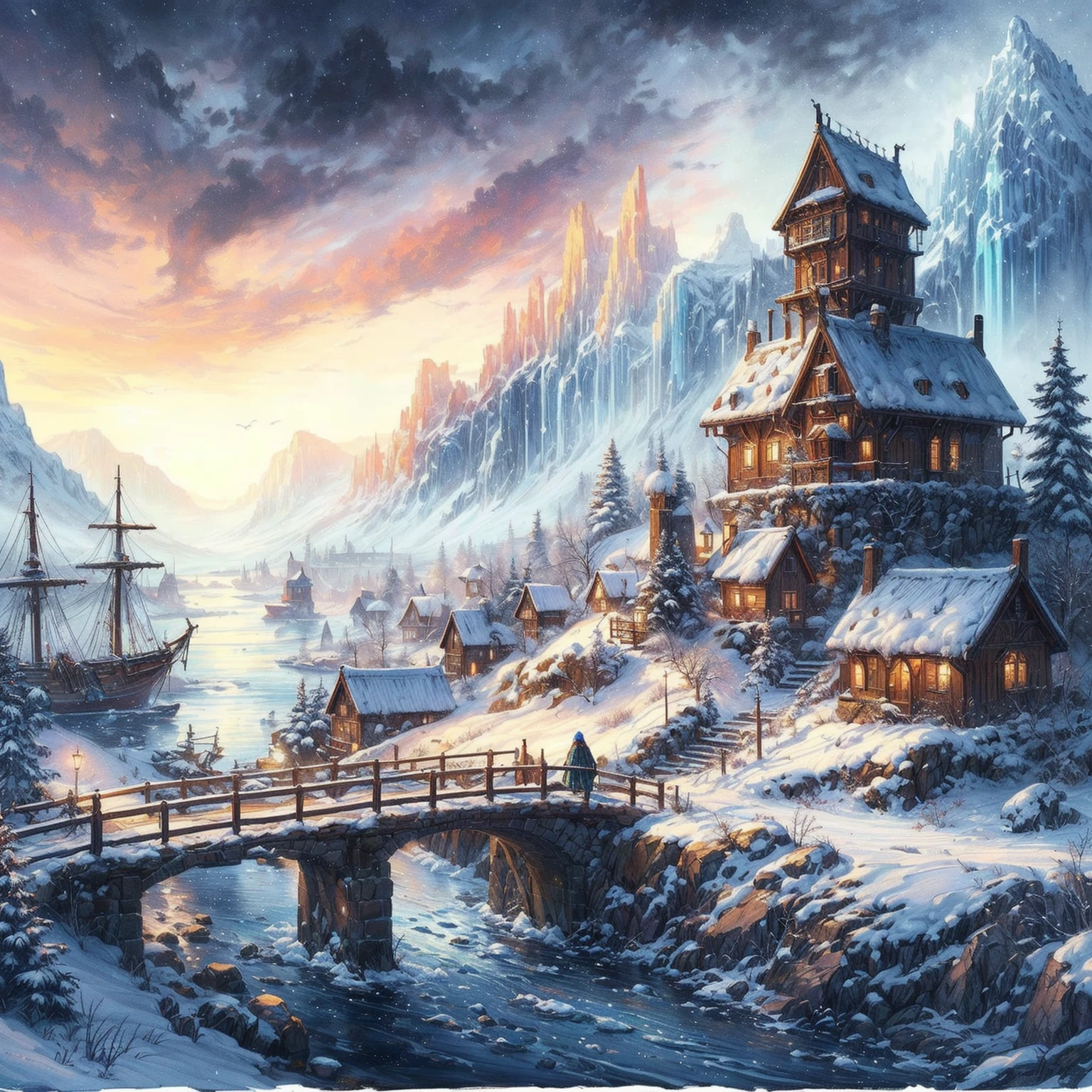 Painting of a winter landscape with a bridge and a boat, by Johfra Bosschart, 4k highly detailed digital art, winter scene fantasy, detailed 4k painting, Wikingerstadt, highly detailed fantasy art, realistic fantasy painting, detailed matte fantasy painting, Realistic fantasy artwork, 4k fantasy art, von Kerembeyit, detailed painting 4 k, Fantasy highly detailed