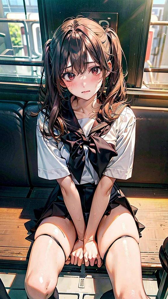 Under ,Open the first button.,clasp hands between thighs,Panty drop,twin tail,POV,Shiny, sweaty thighs:1.5,open legs,Japanese , sitting on a train,Green sheet,reading a book,sailor uniform, white shirt, red ribbon, brown leather shoes, skirt lift,black skirt,black high socks, embarrassed expression,train interior, morning light, calm atmosphere, urban setting, high quality, highly detailed, realistic photo, intricate details