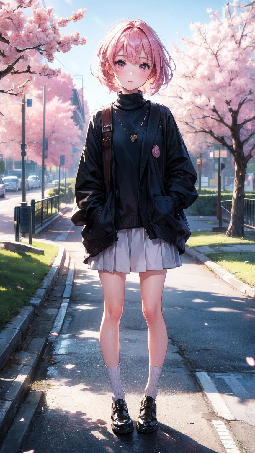 masterpiece, best quality, Extremely detailed, illustration, Wide Angle, 1 girl standing in the middle of the road, Solitary, The road in the middle and the pink cherry blossom trees on the roadside, whole body, 1920s, Pink Hair, sweater, Short skirt, Fashion,, work, balance, , rhythm, color, Light, shadow, reflection, refraction, Tone, Compared, prospect, Middle ground, background, naturalistic, simile, representational.