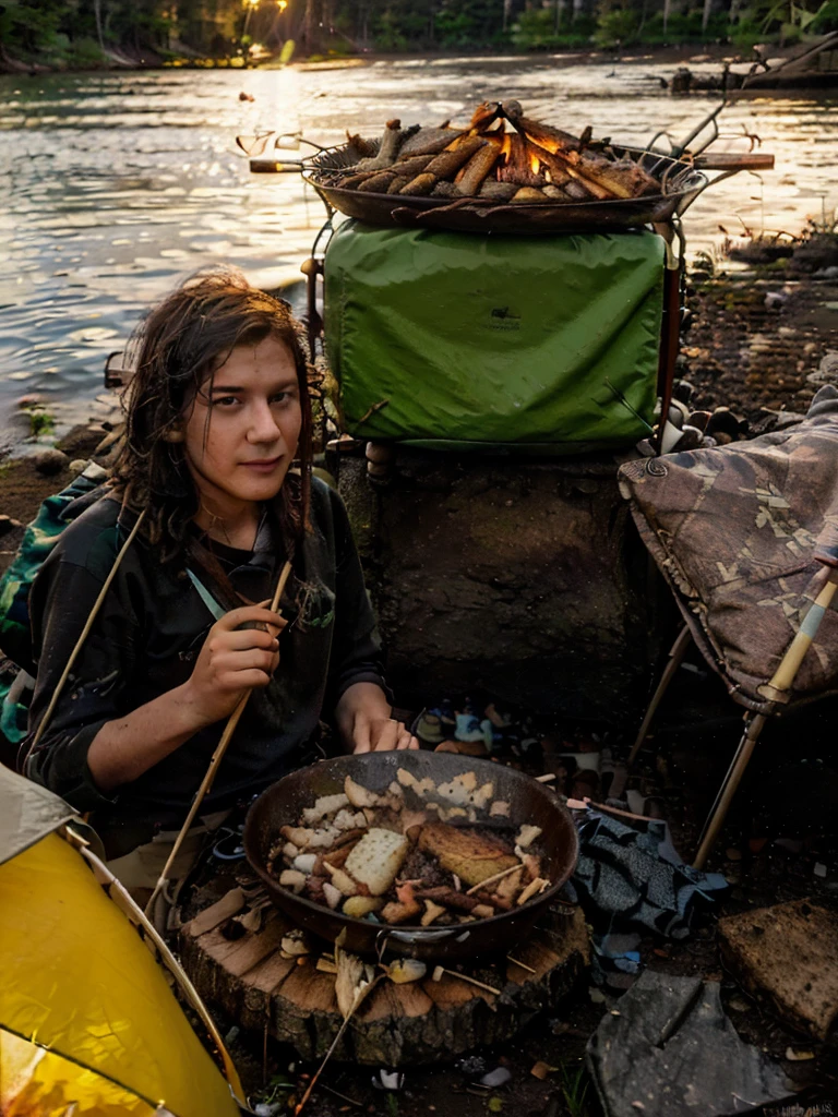 Young men grilling, (best quality,4K,high resolution),(Practical:1.37),Survival camping tools,cooking,forest,lake,nature,adventure,campfire,firewood,tent,fishing rod,Backpack,sleeping bag,Dutch oven,cooking utensils,Camping,Toasted marshmallows,Relax,explore,Sunset,reflection,Full body picture