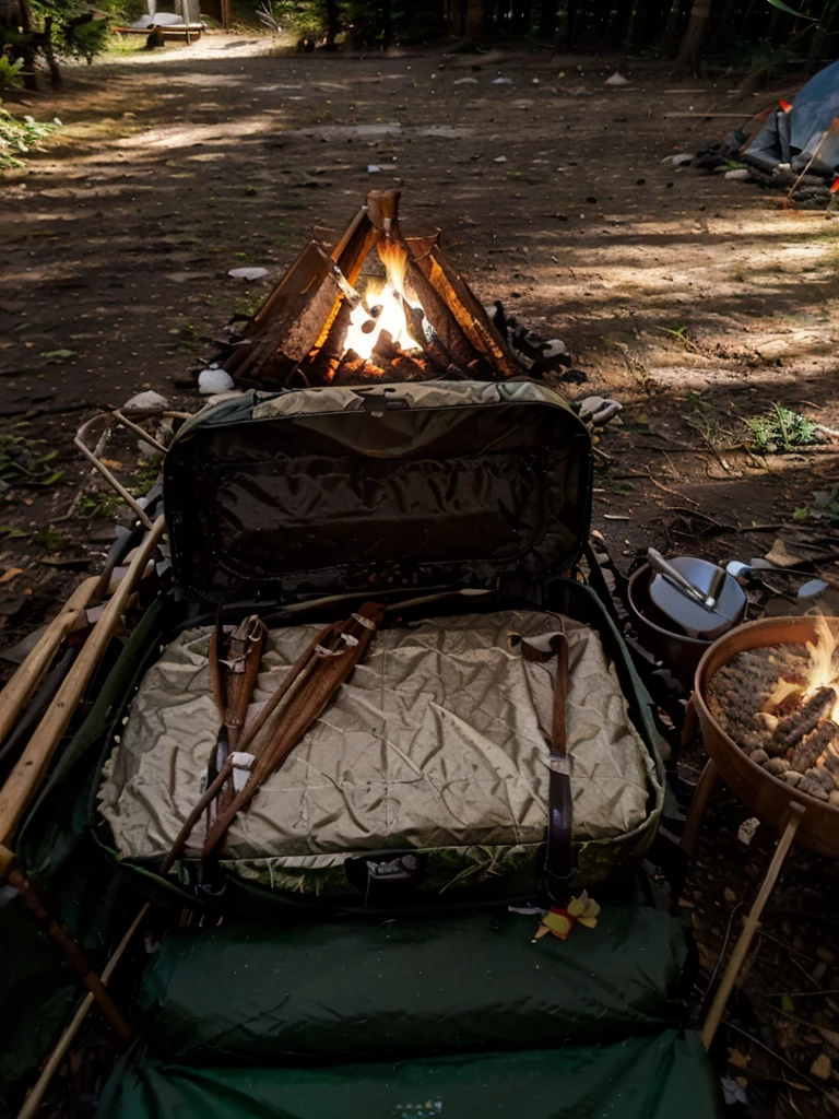 Young men grilling, (best quality,4K,high resolution),(Practical:1.37),Survival camping tools,cooking,forest,lake,nature,adventure,campfire,firewood,tent,fishing rod,Backpack,sleeping bag,Dutch oven,cooking utensils,Camping,Toasted marshmallows,Relax,explore,Sunset,reflection,Full body picture