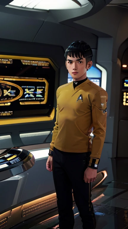 best quality,masterpiece,1boy,solo,(((20years old))),japanese boy,an extremely cute and handsome hoy,highly detailed handsome face and eyes,petit,cute face,lovely face,baby face,shy smile,show teeth, Black hair,short hair,flat chest,skinny,slender,(((wearing Star Trek uniform))),(((standing in Starship Enterprise bridge))),he is looking at the viewer,jdgdrddcom