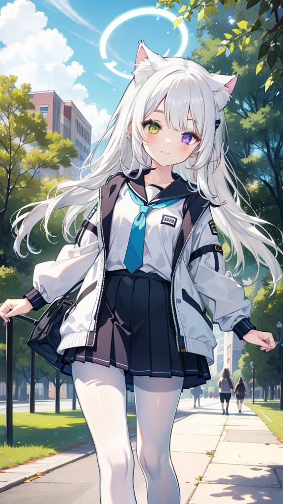 White hair，Long hair，Cat ear，Heterochromia（Blue on the left and yellow on the right），Campus clothing，White pantyhose，**** body type，Smile，Halo，in the park