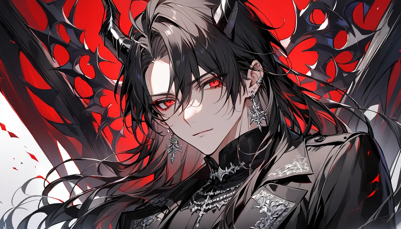 alone, good looking, 1 male, Long hair, Middle parted, Black hair, Red eyes, Black shirt, White Thailand, Black Trench Coat, Royal Silver Jewellery, Royal Demon Earrings, Black horns, Demon Crown