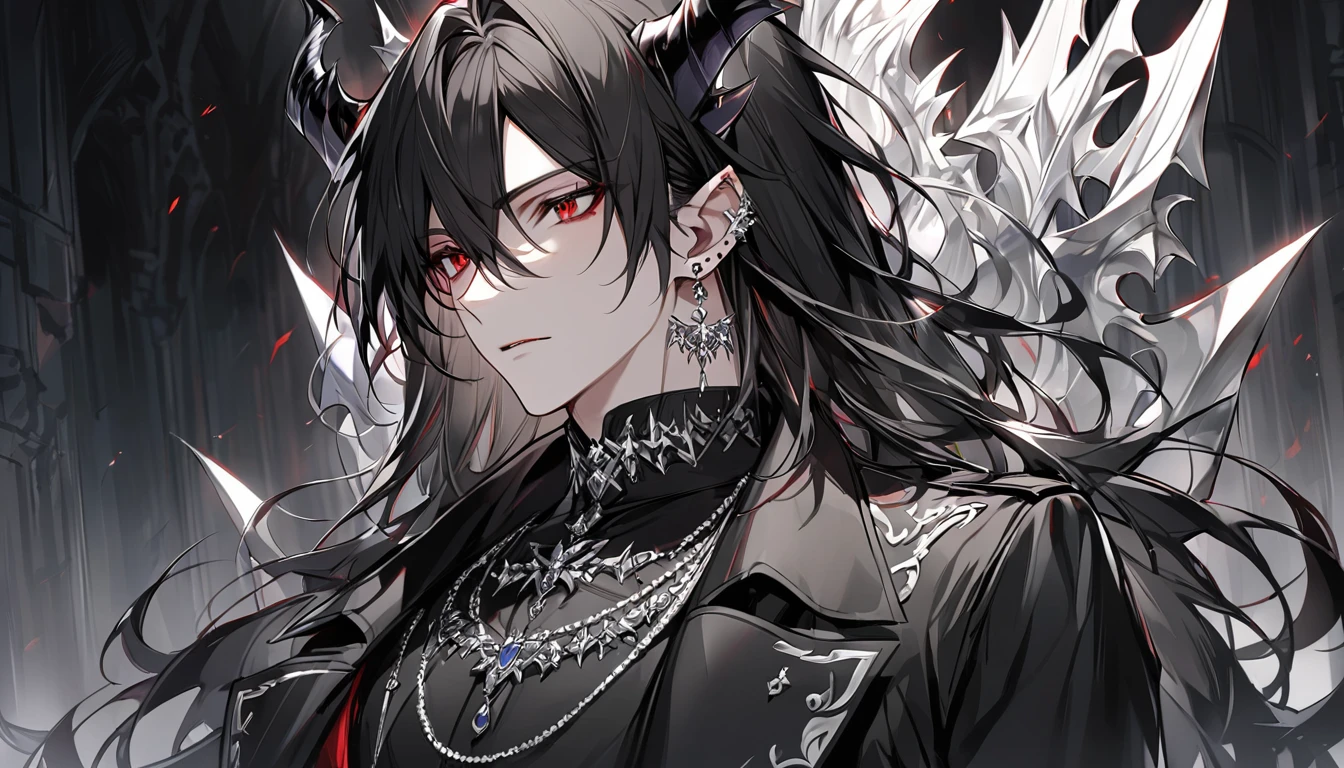 alone, good looking, 1 male, Long hair, Middle parted hair, Black hair, Red eyes, Black shirt, White Thailand, Black Trench Coat, Royal Silver Jewellery, Royal Demon Earrings, Black horns, Side profile