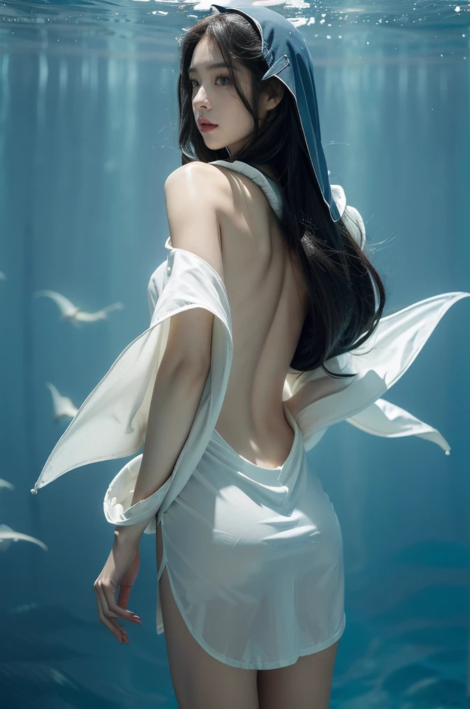 (((best quality))),(((ultra detailed))),(((masterpiece))),illustration,(1 beautiful girl,shark girl,solo),((slim,thin)),((bare back,towering hips,butt crack)),aquarium,summer night,(sleek sharkhead-hooded shirt-dress:1.3),shimmering hues,enchanting aura,(shoulder length straight bob hair:1.2),ocean-blue locks,shiny seaweed,porcelain skin,neon lights,emerald eyes,sharp gaze,delicate shark fin,translucent membrane,dancing fish,vibrant colors,undulating water,salty scent,distant waves,coral reef,gentle shadows,serene ambiance,electric atmosphere,Alezandra,oceanic magic,allure,enchantment,vision,extraordinary presence,((from back,upper body))