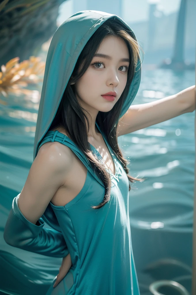(((best quality))),(((ultra detailed))),(((masterpiece))),illustration,(1 beautiful girl,shark girl,solo),((slim,thin,small breasts,flat chest)),aquarium,summer night,(sleek sharkhead-hooded shirt-dress:1.3),shimmering hues,enchanting aura,(shoulder length straight bob hair:1.2),ocean-blue locks,shiny seaweed,porcelain skin,neon lights,emerald eyes,sharp gaze,delicate shark fin,translucent membrane,dancing fish,vibrant colors,undulating water,salty scent,distant waves,coral reef,gentle shadows,serene ambiance,electric atmosphere,Alezandra,oceanic magic,allure,enchantment,vision,extraordinary presence,((from front,upper body))