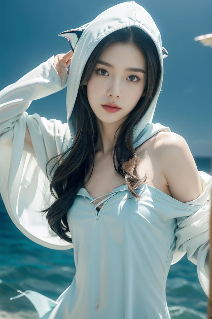 (((best quality))),(((ultra detailed))),(((masterpiece))),illustration,(1 beautiful girl,shark girl,solo),((slim,thin,small breasts,flat chest)),aquarium,summer night,(sleek sharkhead-hooded shirt-dress:1.3),shimmering hues,enchanting aura,(shoulder length straight bob hair:1.2),ocean-blue locks,shiny seaweed,porcelain skin,neon lights,emerald eyes,sharp gaze,delicate shark fin,translucent membrane,dancing fish,vibrant colors,undulating water,salty scent,distant waves,coral reef,gentle shadows,serene ambiance,electric atmosphere,Alezandra,oceanic magic,allure,enchantment,vision,extraordinary presence,((from front,upper body))