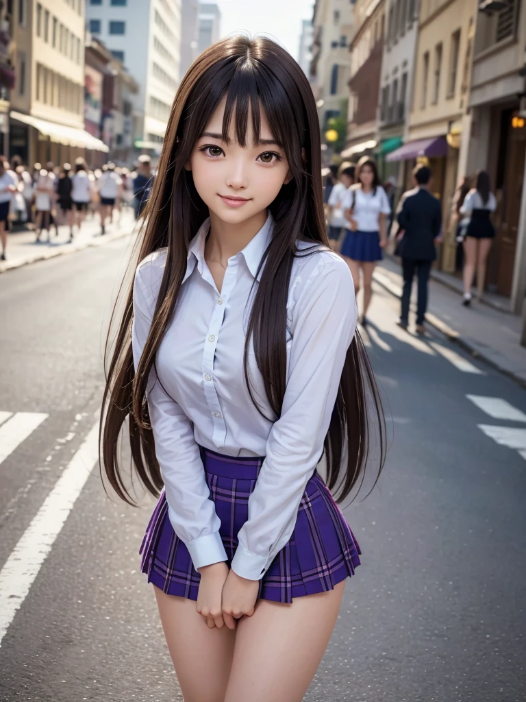 (8K, RAW Photos, Highest quality, masterpiece:1.2), (Realistic, photo-Realistic:1.4), (extremely detailed 8K wallpaper), ((Full Body Shot)), (((1 girl))), Sharp focus, Depth of written boundary, Cinematic lighting, Soft Light, (緻密な美しさのeye, eye_Chan, Very beautiful 17 year old girl, innocent big eyes, Realistic, photo Realistic, Highly detailed cute girl, (Thin thighs), (Model Body Type), (Brown Hair), (Long Bob Hair), (Asymmetrical bangs), ((A happy smile)), Glowing Skin, Ultra-dense skin ,High resolution, High Detail, Detailed hairstyle, Detailed facial beauty, hyper Realistic, Perfect limbs, Perfect Anatomy, Perfect female body, (school uniform:1.3),(Miniskirt Purple and blue checked micro mini skirt), Watching the audience, (Crowded city street:1.3)