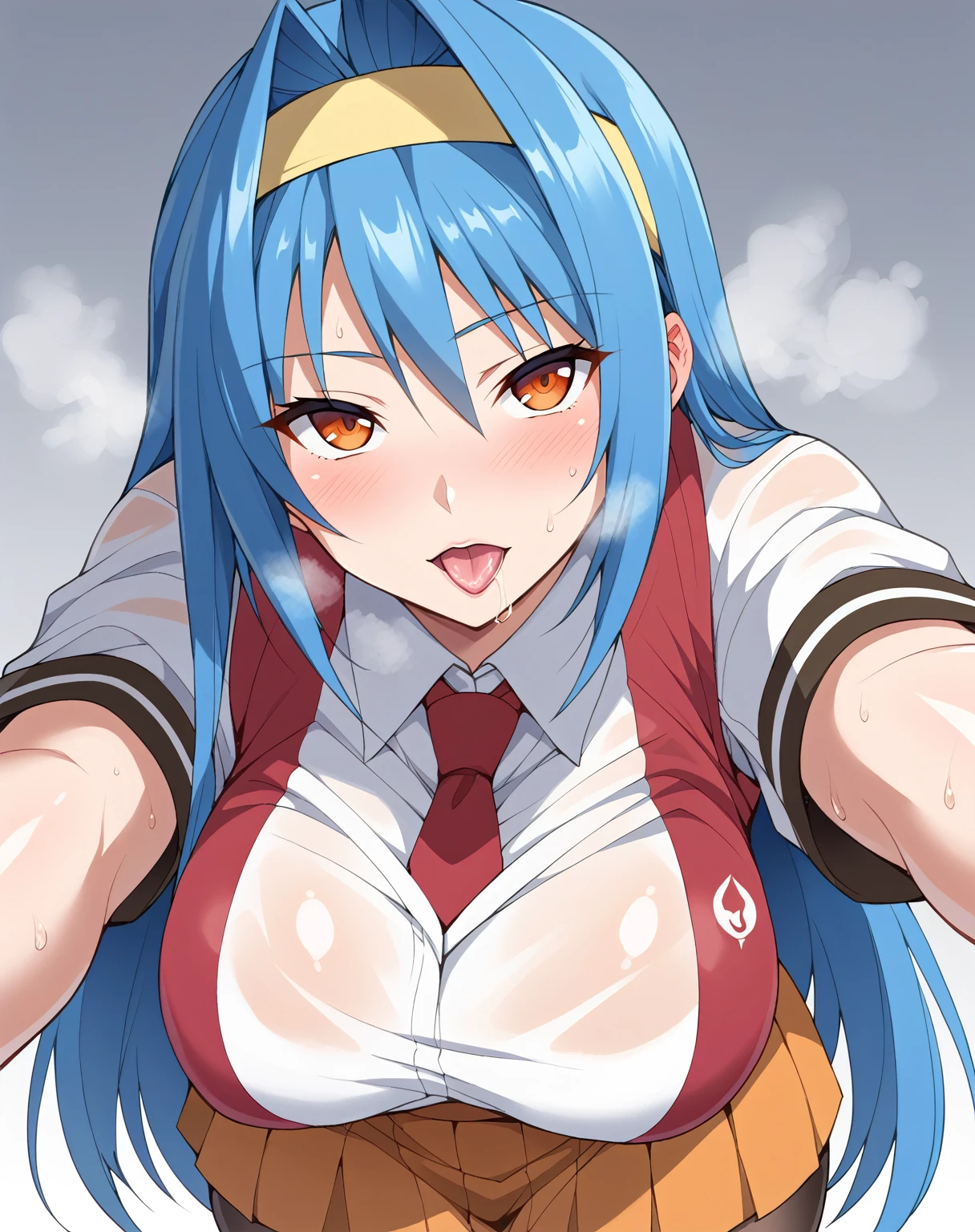 score_9, score_8_up, score_7_up, source_anime, rating_safe, BREAK saki tsuzura, 1girl, very long hair, blue hair, orange eyes, yellow hairband, red necktie, red vest, white shirt, short sleeves, white wristband, orange skirt, pleated skirt, black pantyhose, looking at viewer, cowboy shot,(Heavy breathing,saliva,blush, sweat, Sweaty and wet all over,Steam,)((pov, Looking at Viewer,gigantic breast,open arms,deepkiss,French Kiss,incoming kiss,incoming hug,)),((focus face,)),half open eyes,plump lips,tongue licking,