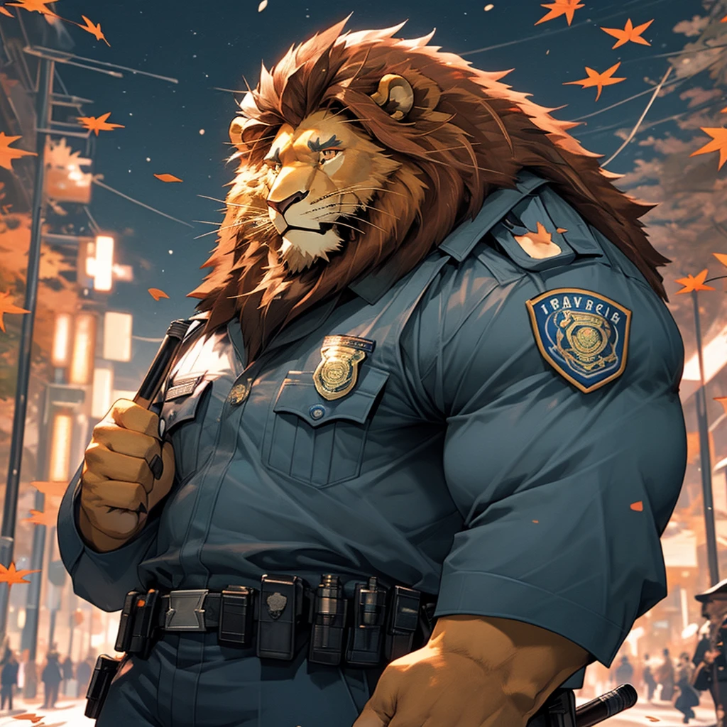 A muscular and strong police officer lion in uniform. The background is a bustling city park with falling maple leaves. A strong lion holding a baton