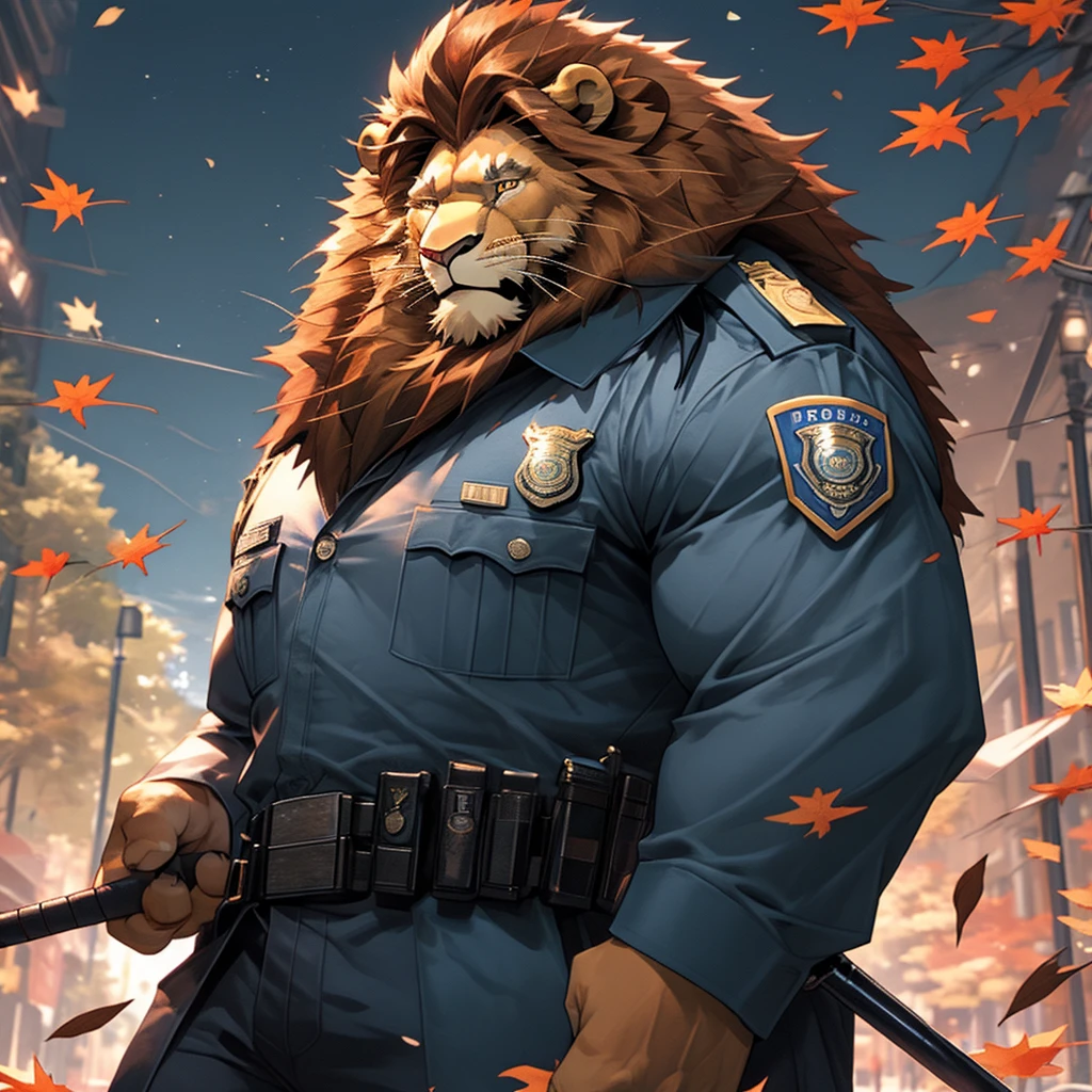 A muscular and strong police officer lion in uniform. The background is a bustling city park with falling maple leaves. A strong lion holding a baton