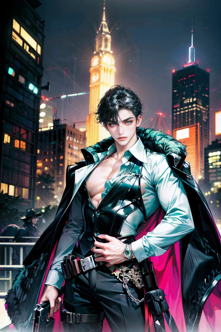 (absurdres, highres, ultra detailed, original character, HDR), 1 russian boy, solo, adult, handsome, ((tall muscular guy, broad shoulders)), finely detailed eyes, (black hair), hair between eyes, turquoise eyes, holographic, futuristic, casual and sexy outfit, black coat, gun holster, (body tight white shirt), (large man breasts), ((wearing an earring)), cowboy shot, dutch angle, face focused, tower walled city scenery, dystopian hong kong city, skyscrapers, Cyan, Magenta, long face, closed mouth, looking at viewer, depth of field, bokeh