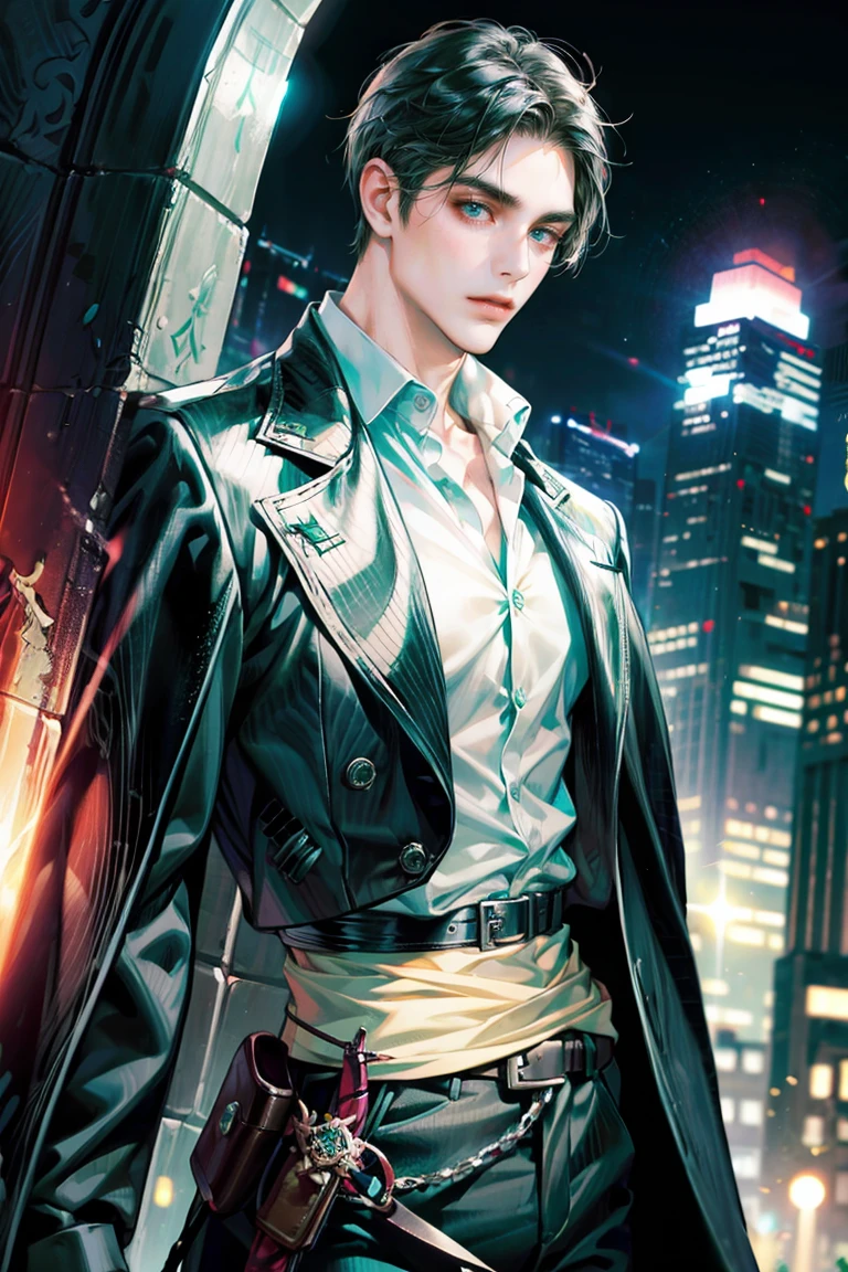 (absurdres, highres, ultra detailed, original character, HDR), 1 russian boy, solo, adult, handsome, ((tall muscular guy, broad shoulders)), finely detailed eyes, (black hair), hair between eyes, turquoise eyes, holographic, futuristic, casual and sexy outfit, black coat, gun holster, (body tight white shirt), (large man breasts), ((wearing an earring)), cowboy shot, dutch angle, face focused, tower walled city scenery, dystopian hong kong city, skyscrapers, Cyan, Magenta, long face, closed mouth, looking at viewer, depth of field, bokeh