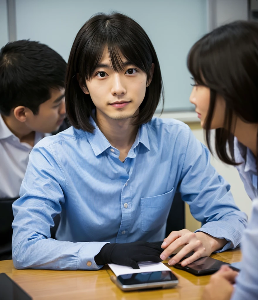 Realistic photos、A 27-year-old Japanese man attending a meeting at work、Not looking at the camera、