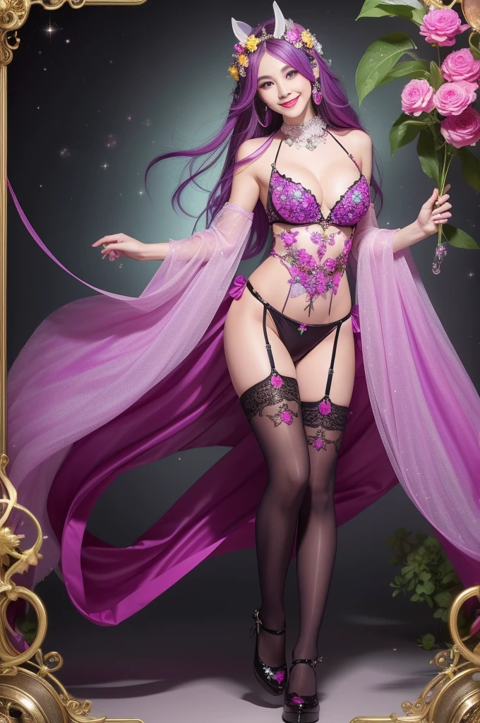 y woman who controls poison、beautiful smile、lip-gloss、long lasheetallic makeup、full body Esbian、、sparkling poisoned flower costume、、、、sparkling Colorful hair、secrete poison、skull hair accessories、sexights、flowers background