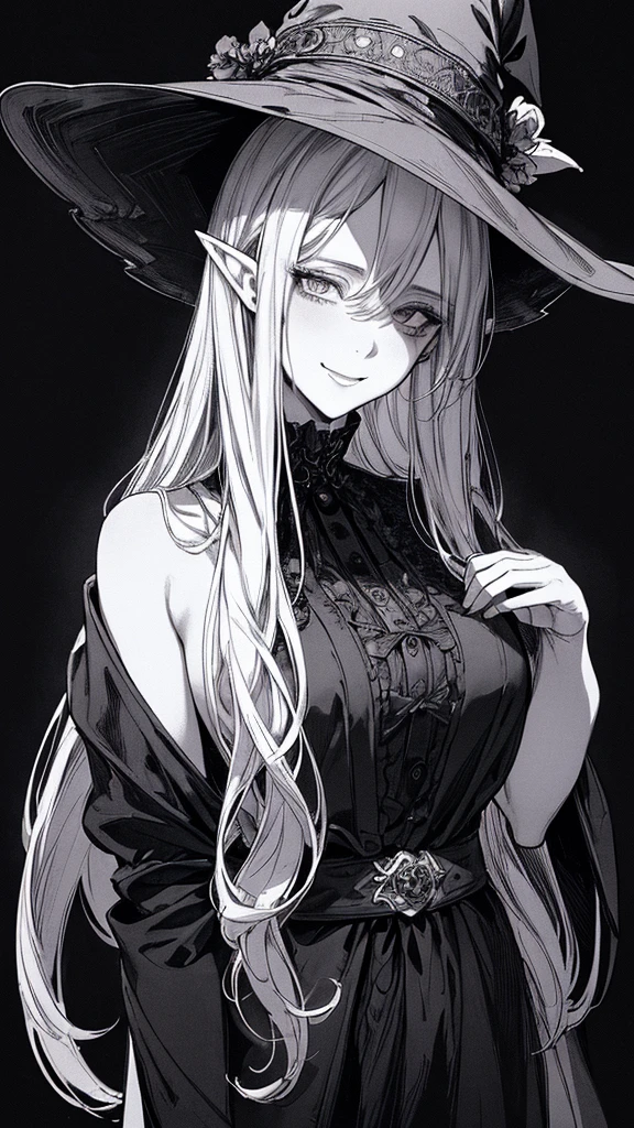 Highest quality, (Background details), High Contrast, so beautiful, Detailed original illustrations, Sensual, , witch, witch hat, Black Robe, Elf, Delicate face, charm, Naughty kid, sexy, Real breasts, Crazy Smile, Crazy Eyes, Black background, (Black background: 1. 5) Beautiful line art, Monochrome
