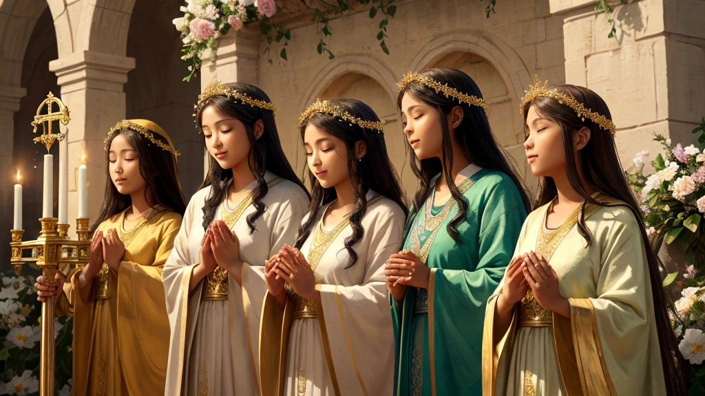 "A serene and uplifting scene portraying the faithful souls embraced in the eternal presence of God. The setting is a heavenly realm adorned with gardens of vibrant flowers and streams of crystal-clear water. Believers of diverse backgrounds and ages are depicted in joyous communion, their faces radiant with peace and fulfillment. Angels hover nearby, playing harps and offering symbols of eternal peace and divine favor. Above them, the words 'Eternal Life' shimmer in golden letters, symbolizing the fulfillment of God's promise to those who remained faithful in their earthly lives."