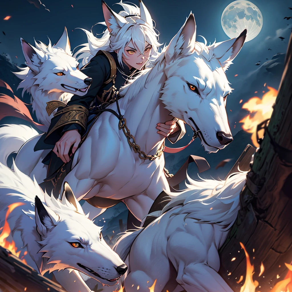 Moonlit night, A white fox with nine tails runs, Active fox behavior, angry fox
