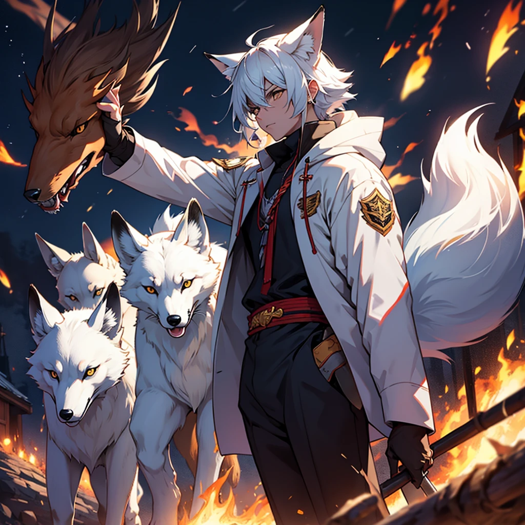 Moonlit night, A white fox with nine tails runs, Active fox behavior, angry fox