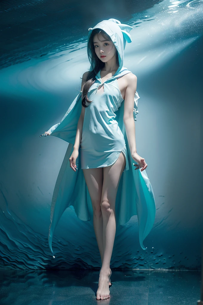 (((best quality))),(((ultra detailed))),(((masterpiece))),illustration,(1 beautiful girl,shark girl,solo),((slim,thin,small breasts,flat chest)),aquarium,summer night,(sleek sharkhead-hooded shirt-dress:1.3),shimmering hues,enchanting aura,(shoulder length straight bob hair:1.2),ocean-blue locks,shiny seaweed,porcelain skin,neon lights,emerald eyes,sharp gaze,delicate shark fin,translucent membrane,dancing fish,vibrant colors,undulating water,salty scent,distant waves,coral reef,gentle shadows,serene ambiance,electric atmosphere,Alezandra,oceanic magic,allure,enchantment,vision,extraordinary presence,((from front,full body,arms behind back,spread legs apart))