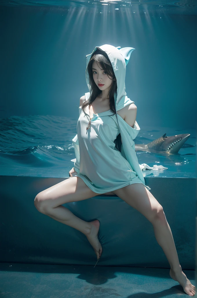 (((best quality))),(((ultra detailed))),(((masterpiece))),illustration,(1 beautiful girl,shark girl,solo),((slim,thin,small breasts,flat chest)),aquarium,summer night,(sleek sharkhead-hooded shirt-dress:1.3),shimmering hues,enchanting aura,(shoulder length straight bob hair:1.2),ocean-blue locks,shiny seaweed,porcelain skin,neon lights,emerald eyes,sharp gaze,delicate shark fin,translucent membrane,dancing fish,vibrant colors,undulating water,salty scent,distant waves,coral reef,gentle shadows,serene ambiance,electric atmosphere,Alezandra,oceanic magic,allure,enchantment,vision,extraordinary presence,((from front,full body,arms behind back,spread legs apart))