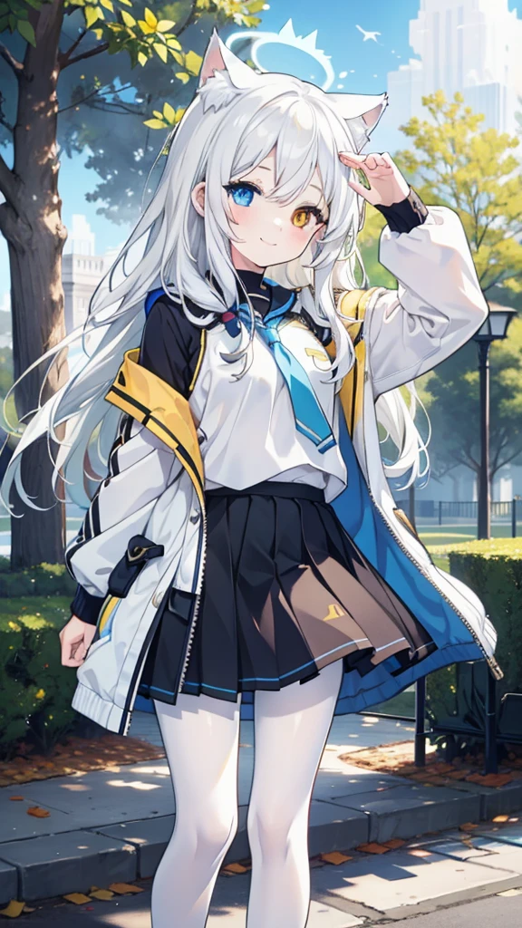 White hair,Long hair,Cat ear,Heterochromia(Blue on the left and yellow on the right),Campus clothing,White pantyhose,Loli body type,Smile,Halo,in the park